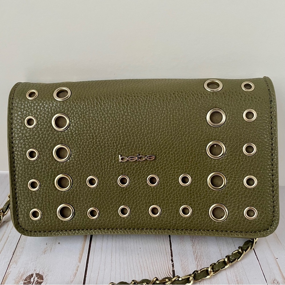 BEBE Clutch Handbag Purse Olive Green Gold Hardware Removable Strap 7.5X4.5